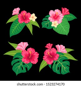 Summer Tropical Leaves Vector Design. Vector illustration with flowers and leaves. Colorful tropical illustration with set of bouquets.