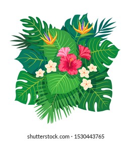 Summer Tropical Leaves Vector Design. Vector illustration with flowers and leaves. Colorful tropical illustration with luxury bouquet.