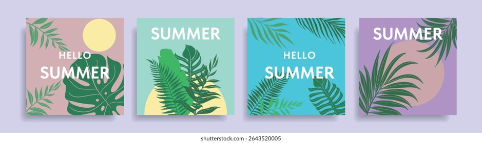 Summer Tropical Leaves Vector Set. Hello Summer Design.