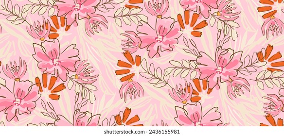  summer tropical Modern   flower print. Seamless pattern. Hand drawn style.