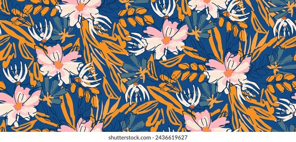  summer tropical Modern   flower print. Seamless pattern. Hand drawn style.