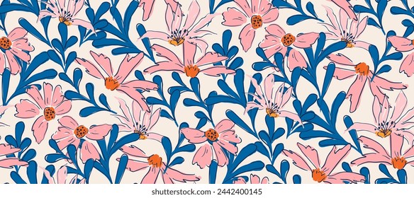 Summer tropical Modern   flower print. Seamless pattern. Hand drawn style.