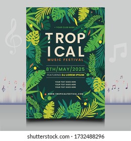 folleto del festival de música tropical de verano en estilo creativo con decoración deja diseño de forma