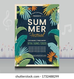 summer tropical music festival flyer in creative style with decoration leaves shape design