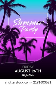 Summer tropical night background with palm trees silhouette, sky and red sunset. Music cocktails party poster, flyer, invitation card. Summer vacation. Hawaiian style neon template design.