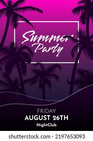 Summer tropical night background with palm trees silhouette, sky and red sunset. Music cocktails party poster, flyer, invitation card. Summer vacation. Hawaiian style neon template design.