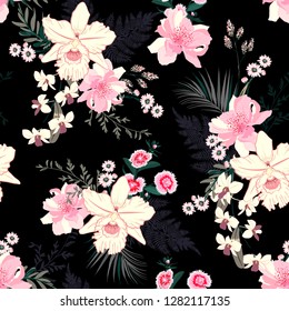 Summer Tropical night blooming floral mood seamless vector pattern with exotic orchid flowers, palm leaves, jungle leaf, Botanical wallpaper illustration in hand drawn style on black