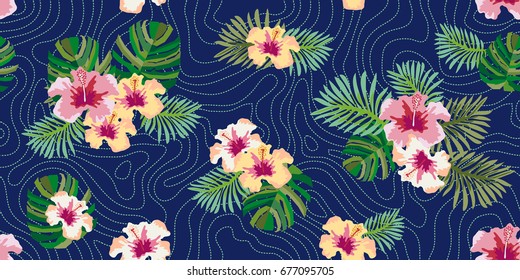 Summer tropical night. Seamless vector pattern with palm leaves and hibiscus flowers on dark blue dotted background. Vintage motifs. Beach textile collection.