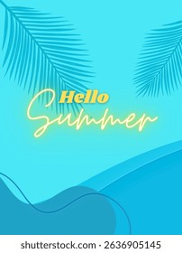 Summer tropical on blue background with tropical palm leaves. Summertime creative design for poster and card. Vector illustration. ( original illustration, not AI-generated ).