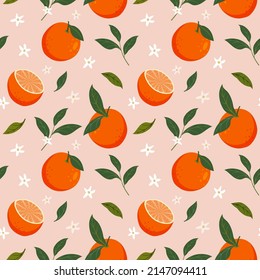 Summer tropical oranges with leaves and flowers seamless pattern on pastel pink background. Vector design with fruits for wallpapers, textiles