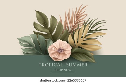 Summer Tropical Palm Leaves. Design of Summer Flyer, Website, Banner, Landing Page. Palm, Monster, Banana Leaf. Vector Illustration EPS10