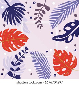 Summer tropical with palm leaves and with exotic plants. Vector template for card, poster, flyer, banner, invitation, website, advertisement or packaging. Purple and orange colors.