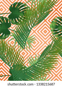 Summer tropical palm leaves pattern on copper texture stripes.