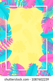 Summer Tropical palm leaves, plants in trandy paper cut style. White vertical rectangular frame on exotic blue pink leaves on pink background Hawaiian summer time. Vector card illustration