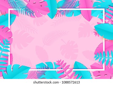 Summer Tropical palm leaves, plants in trandy paper cut style. White horizontal rectangular frame on exotic blue pink leaves on pink background Hawaiian summer time. Vector card illustration