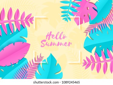 Summer Tropical palm leaves, plants in trandy paper cut style. White square frame on exotic blue pink leaves on yellow sunny background Hawaiian summer. Corners of a square lable. Vector illustration.