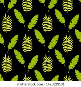 Summer tropical palm leaves seamless pattern isolated on black background. Vector floral grunge design for cards, web,fashion, interior, wrapping, packaging and natural product.