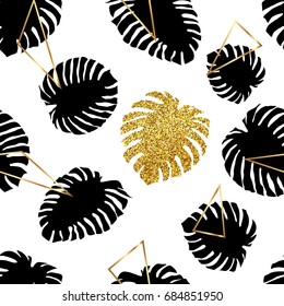 Summer tropical palm leaves seamless pattern with gold triangles and black monstera leaf. 