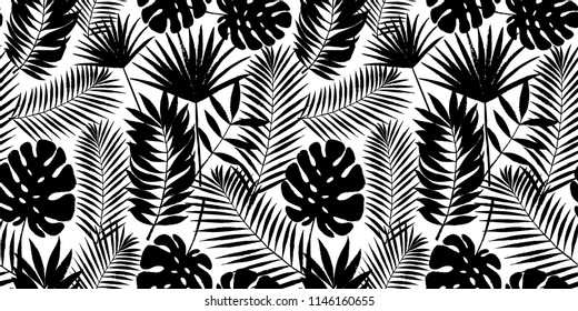 Summer tropical palm tree leaves seamless pattern. Vector grunge design for cards, web, backgrounds and natural product. Black and white monstera