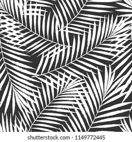 Summer tropical palm tree leaves seamless pattern. Vector grunge design for cards, web, backgrounds and natural product. Black and white