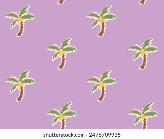 Summer Tropical PalmTree  Line Doodle Art Seamless Pattern Vector On Pastel Color Wallpaper Background