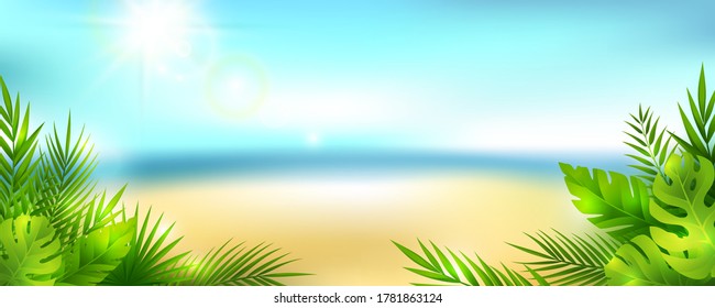 Summer tropical panoramic landscape. Vector horizontal background with sky, clouds, beach and palm leaves.
