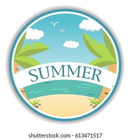 Summer tropical paradise Island poster with the  beach and a palm tree in flat style in a vector.Sandy coast near Ocean.A landscape sea the resort for rest and a holiday. 
