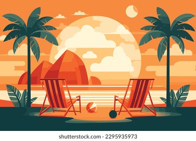 Summer Tropical paradise with palm trees and beach, relaxing summer vacation on a tropical island, holidays vector illustration flat design.