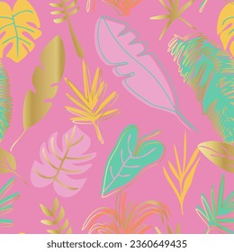 El paraíso tropical de verano. Patrón sin foco con elementos dorados florales. Plantilla para diseño textil, tarjetas, cubiertas.