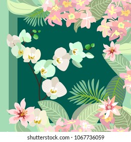 Summer tropical paradise. Squared silk scarf with orchids, palm leaves and blooming tropical flowers on green background. Aloha textile collection.