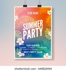 Summer Tropical Party Flyer Design Template. Hawaiian Floral Exotic Poster. Vector Colorful Summer Vacation.