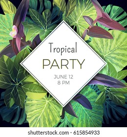 Summer tropical party flyer template with palm leaves and exotic purple flowers. Vector floral background.