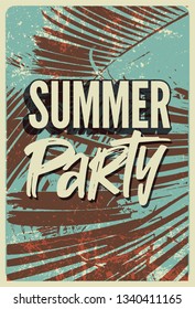 Summer Tropical Party typographic vintage poster design with palm leaves. Retro vector illustration.