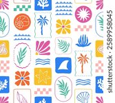 Summer tropical patchwork seamless pattern with palm leaves, flowers, shells, waves and sun. Vector jungle checkered background. Fabric textile print. Surface cover design.
