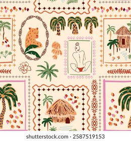 Summer tropical patchwork seamless pattern. Cute hand drawn palm tree, cabin, woman shape, jungle animal spots, landscape in frame. Vector jungle repeat background, exotic wallpaper, print, textile