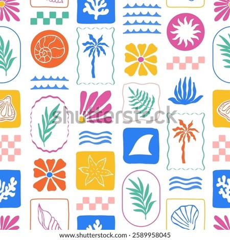 Summer tropical patchwork seamless pattern with palm leaves, flowers, shells, waves and sun. Vector jungle checkered background. Fabric textile print. Surface cover design.