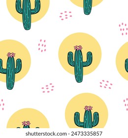 summer tropical pattern background with cactuses or cacti, succulents. Perfect for wallpapers, surface textures, textile. Isolated on white background