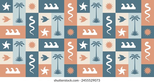 Summer tropical pattern in boho hippie surf style. Palm trees, starfish, waves, sun, bird, snake. Vector seamless background for printing on fabric.