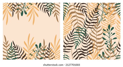 Summer tropical pattern in boho style. Earthy beige, green colors. Botanical, tropical leaves, plant branches for summer sale banners, wall art, fabrics, design. Simple flat style vector illustration.