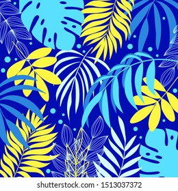 Summer tropical pattern with bright yellow leaves and plants on a purple background. Summer background with exotic leaves. 
Illustration in Hawaiian style. Jungle leaves.