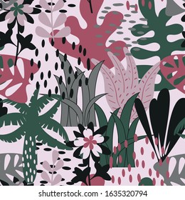 Summer tropical pattern with exotic palm leaves and plants. Seamless floral background