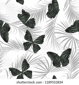 Summer Tropical pattern fill-in military green butterfly flying on the exotic forest seamless pattern vector design for fashion, fabric, wallpaper, and all prints on white background color