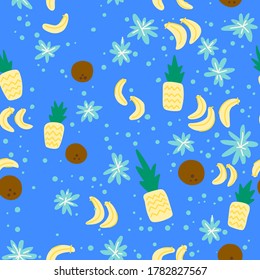 Sommertropisches Muster auf blauem Hintergrund. Vektorgrafik mit Ananas, Kokosnüssen, Bananen und Blumen. Einfache flache Grafiken. Für Hintergründe, Verpackungen, Textilien und verschiedene andere Designs.