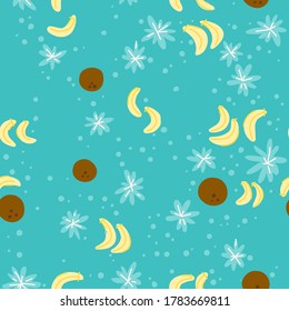 Patrón tropical de verano sobre fondo azul. Ilustración vectorial con cocos, plátanos y flores. Gráficos planos simples. Para fondos, embalaje, textiles y otros diseños.