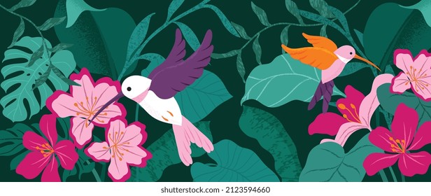 Sommertropisches Muster auf grünem Dschungelhintergrund. Botanische Tapete mit Palmenblatt, Monstera, Bananenblättern, Blumen und Vögeln. Farbige Töne für Banner, Drucke, Wandkunst, Stoff und Deckel.