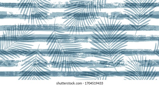 Summer Tropical pattern, palm leaves seamless vector floral background. Exotic plant on blue stripes illustration, jungle print. Leaves of palm tree on paint lines. ink brush strokes