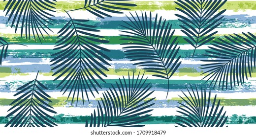 Summer Tropical pattern, palm leaves seamless vector floral background. Exotic plant on blue stripes illustration, jungle print. Leaves of palm tree on paint lines. ink brush strokes