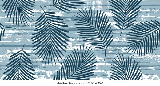 Summer Tropical pattern, palm leaves seamless vector floral background. Exotic plant on blue stripes illustration, jungle print. Leaves of palm tree on paint lines. ink brush strokes