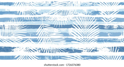 Summer Tropical Pattern, Palm Leaves Seamless Vector Floral Background. Exotic Plant On Blue Stripes Illustration, Jungle Print. Leaves Of Palm Tree On Paint Lines. Ink Brush Strokes