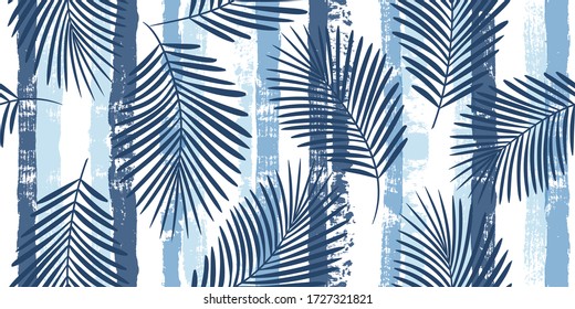 Summer Tropical pattern, palm leaves seamless vector floral background. Exotic plant on blue stripes illustration, jungle print. Leaves of palm tree on paint lines. ink brush strokes